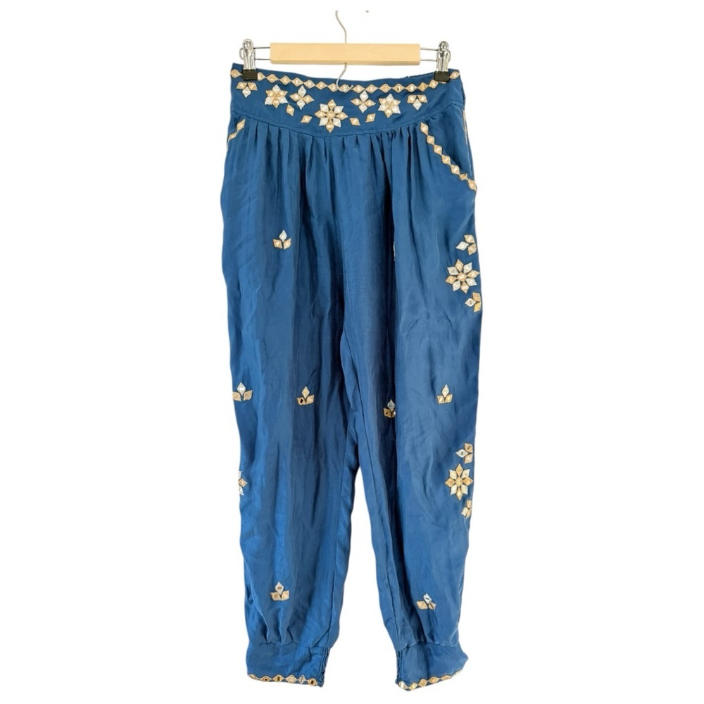 Juliet Dunn London Silk Embellished Mirror-work Blue Harem Pants size 2 Resort